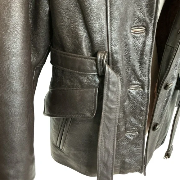 Vintage TW Tannery West Womens Med Black Lined Leather Belted Jacket Hipster Y2K - Picture 4 of 14